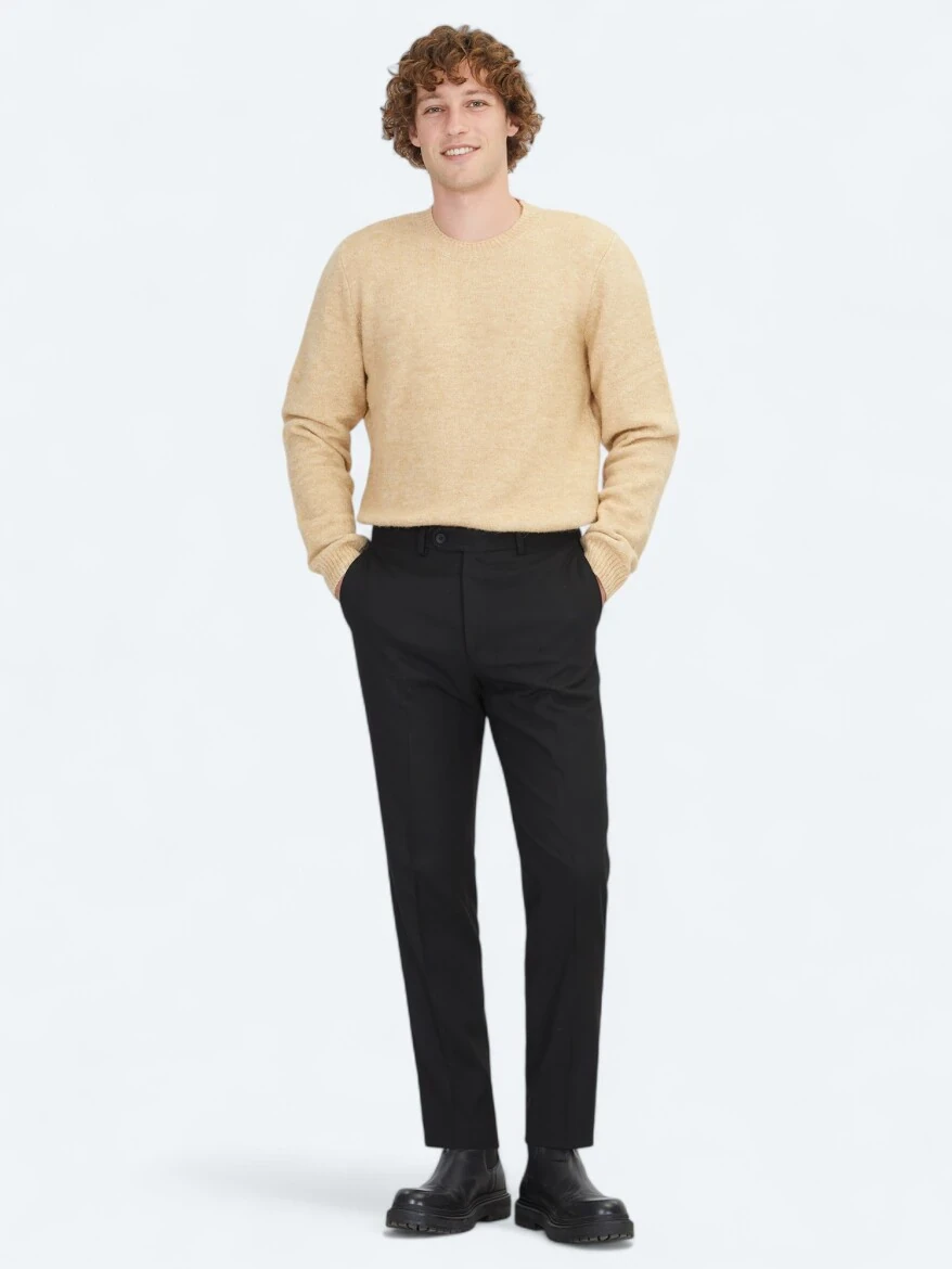 Siyah Düz Dokuma Fitted Fit Klasik Pantolon - 1