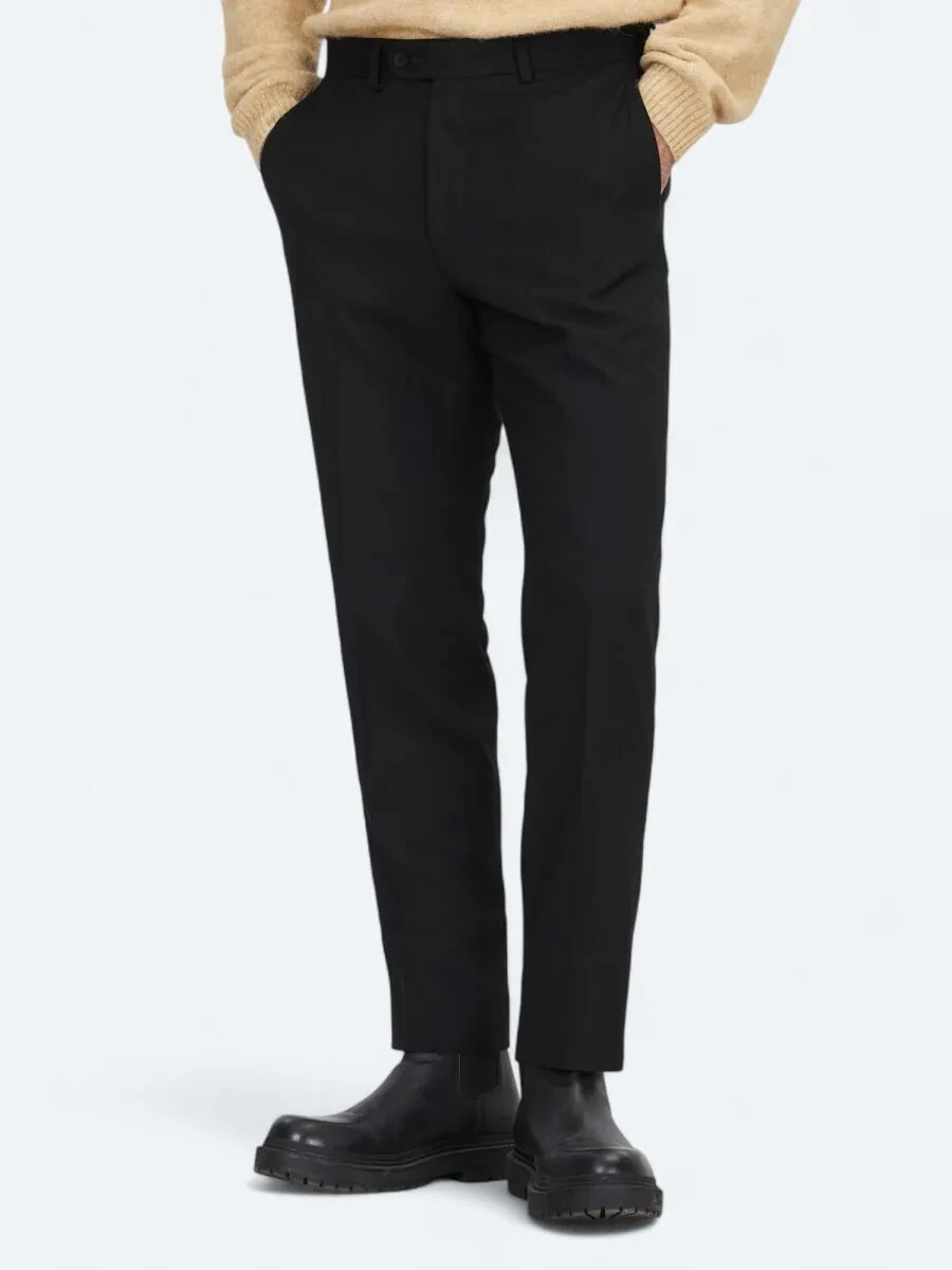 Siyah Düz Dokuma Fitted Fit Klasik Pantolon - 2