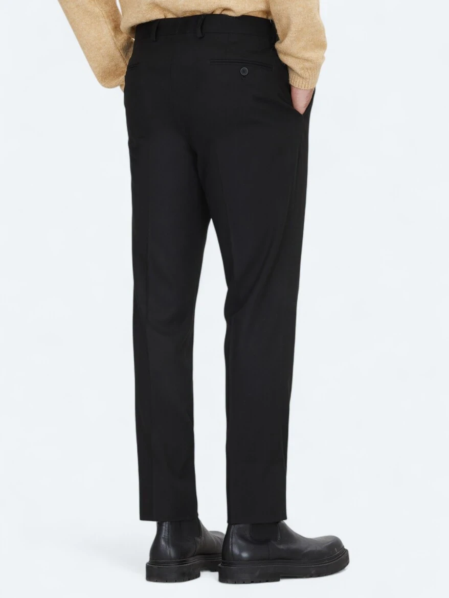 Siyah Düz Dokuma Fitted Fit Klasik Pantolon 