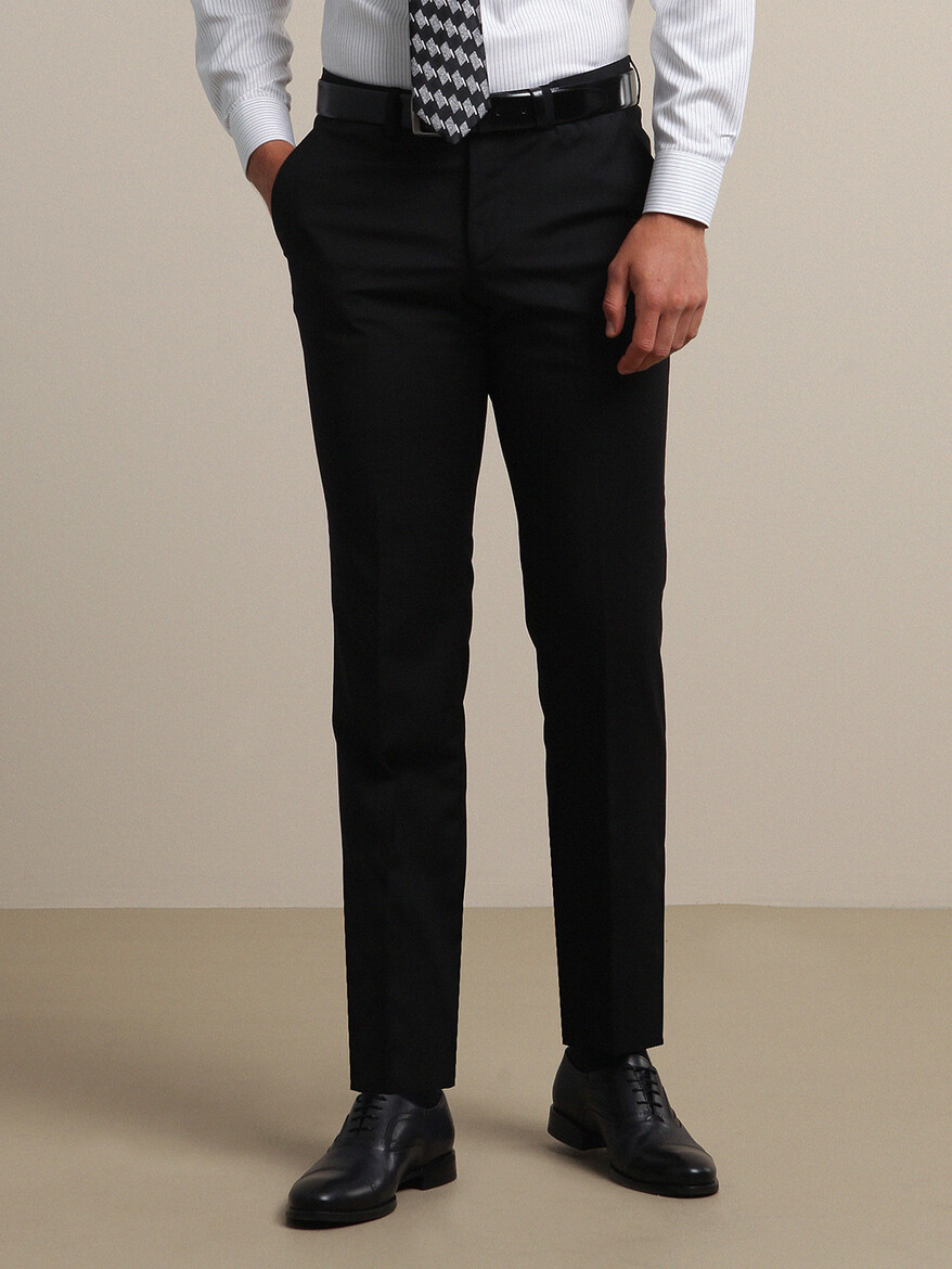 Siyah Düz Dokuma Fitted Fit Klasik Yün Karışımlı Pantolon - 1