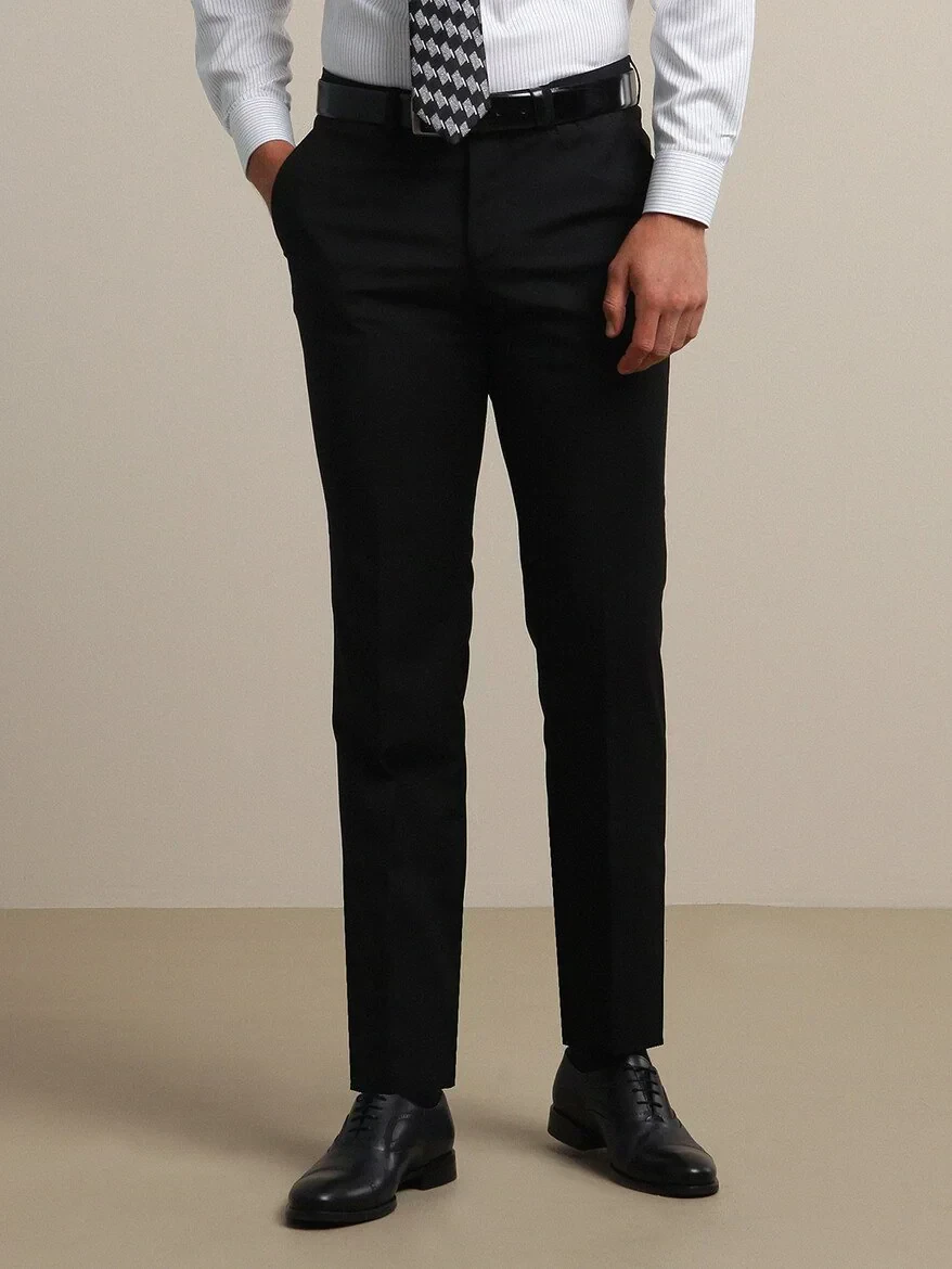 Siyah Düz Dokuma Fitted Fit Klasik Yün Karışımlı Pantolon - 1