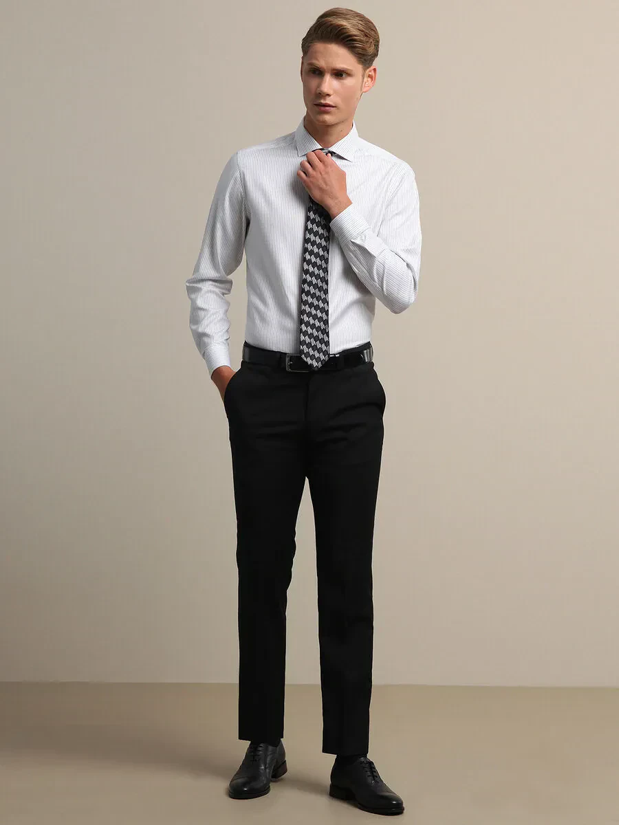 Siyah Düz Dokuma Fitted Fit Klasik Yün Karışımlı Pantolon - 3