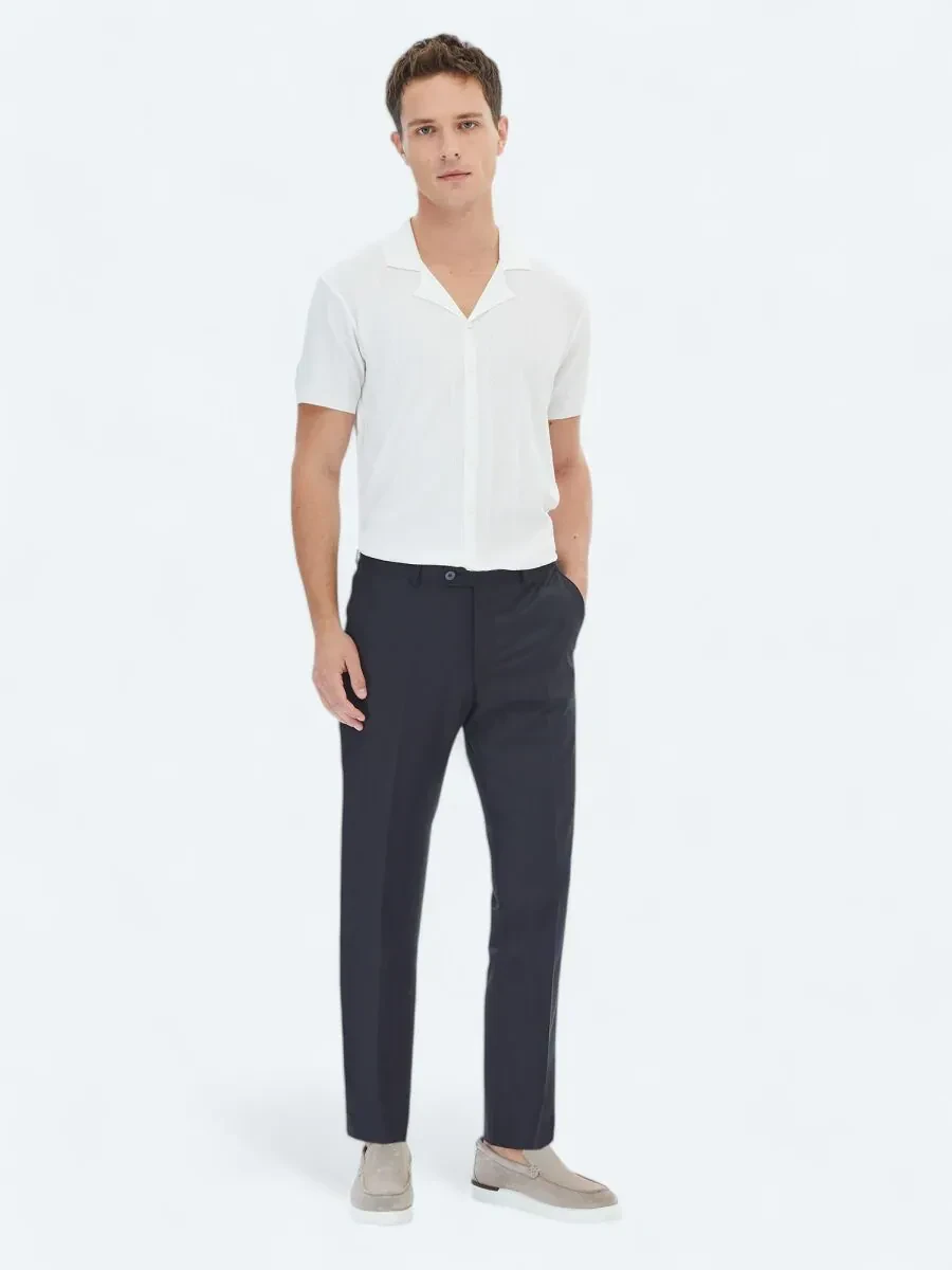 Siyah Düz Dokuma Fitted Fit Klasik Yün Karışımlı Pantolon - 1