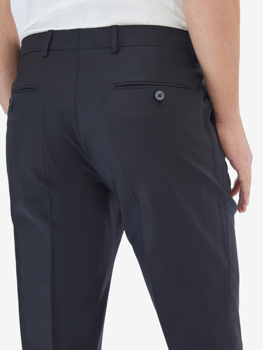 Siyah Düz Dokuma Fitted Fit Klasik Yün Karışımlı Pantolon - 4