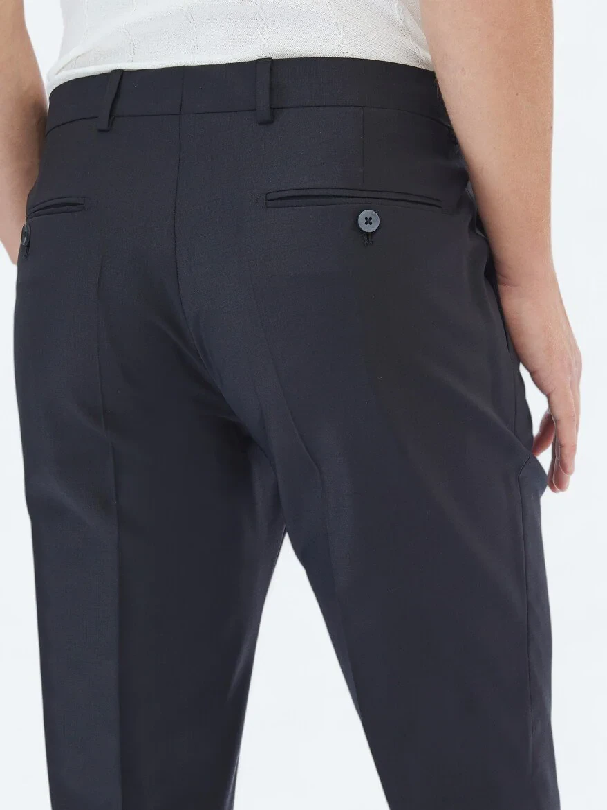 Siyah Düz Dokuma Fitted Fit Klasik Yün Karışımlı Pantolon 