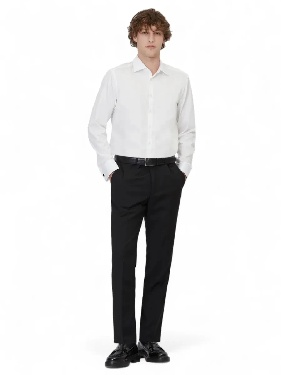 Siyah Düz Dokuma Fitted Fit Klasik Yün Karışımlı Pantolon - 1