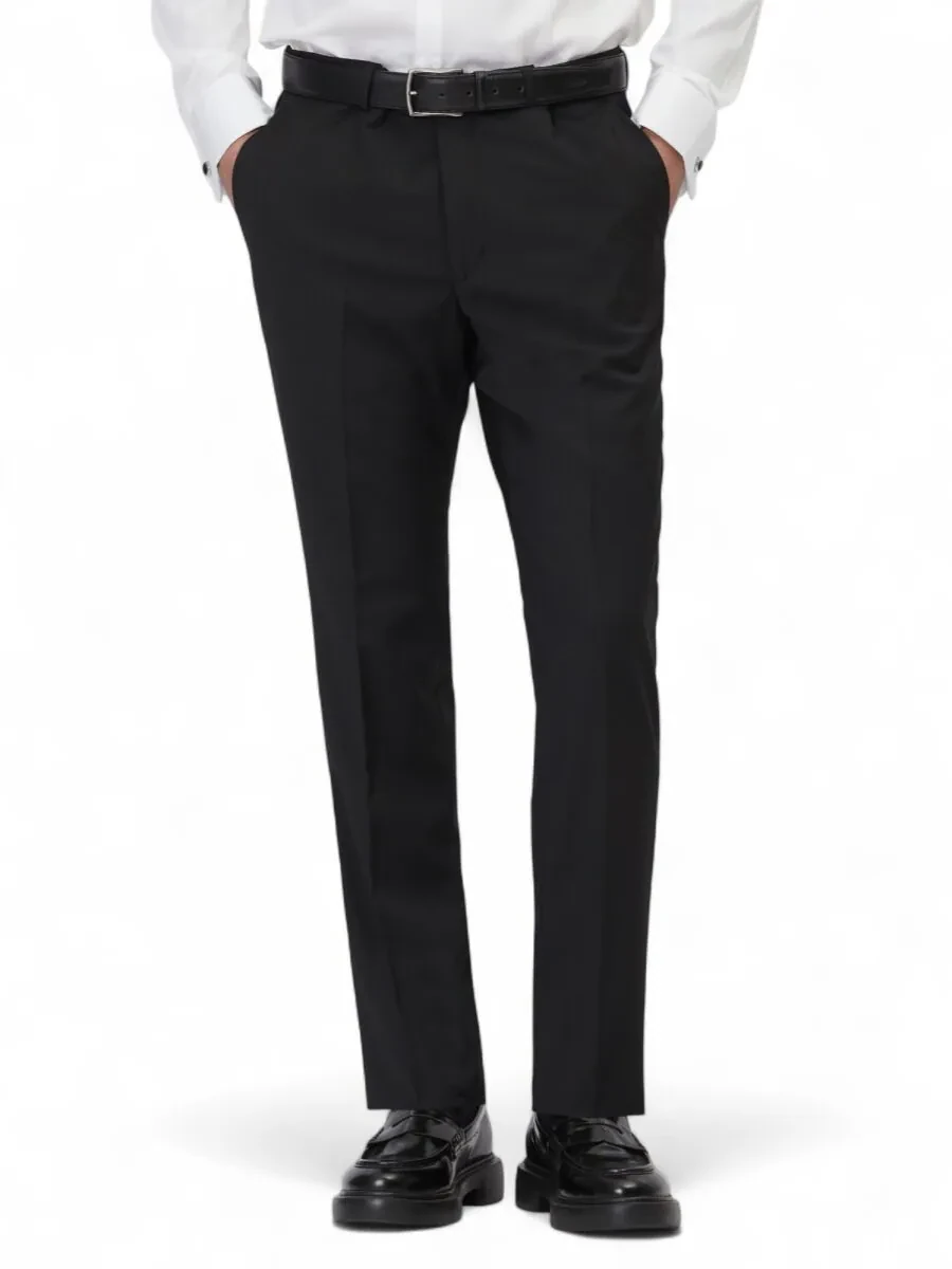 Siyah Düz Dokuma Fitted Fit Klasik Yün Karışımlı Pantolon - 2