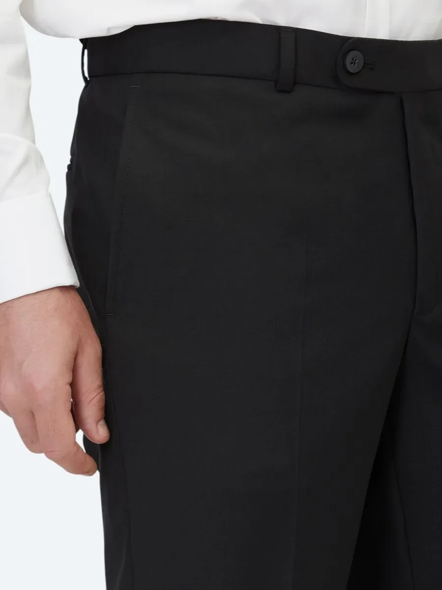 Siyah Düz Dokuma Fitted Fit Klasik Yün Karışımlı Pantolon - 3