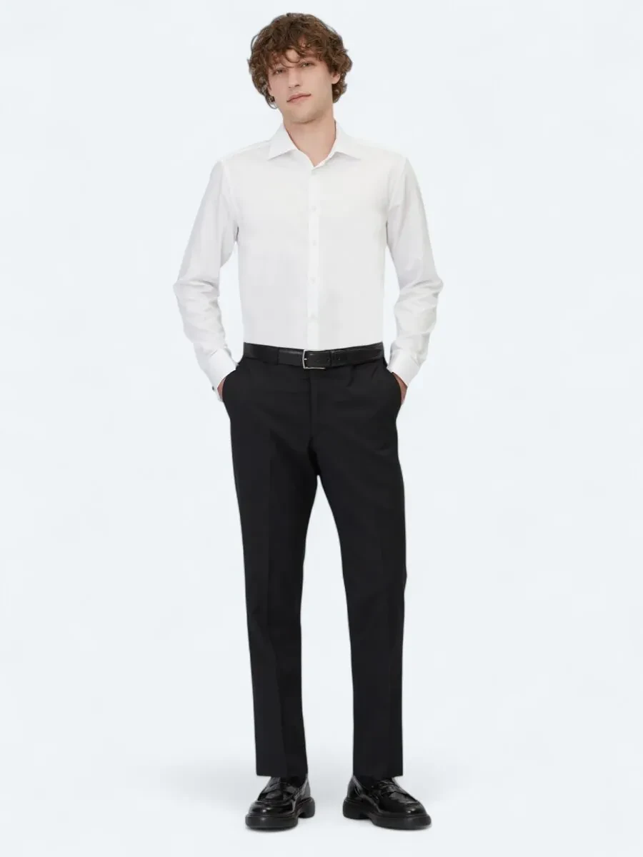 Siyah Düz Dokuma Fitted Fit Klasik Yün Karışımlı Pantolon - 1