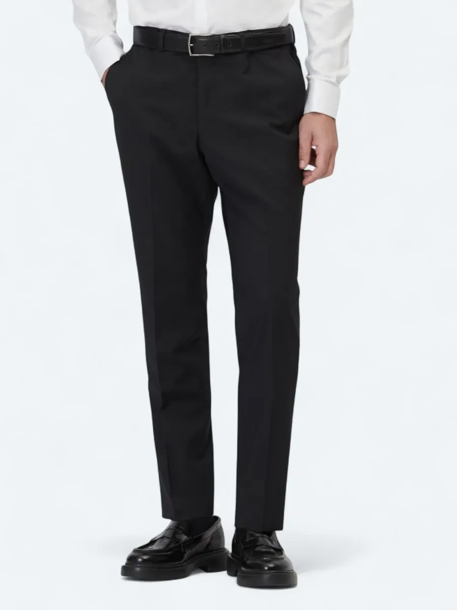 Siyah Düz Dokuma Fitted Fit Klasik Yün Karışımlı Pantolon - 2