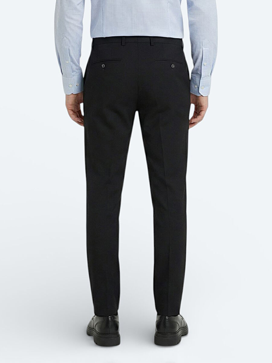 Siyah Düz Dokuma Fitted Fit Klasik Yün Karışımlı Pantolon - 4