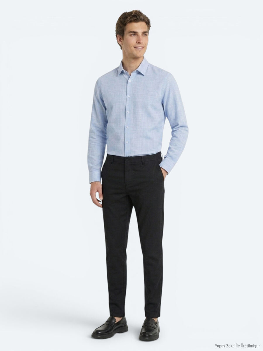 Siyah Düz Dokuma Jogging Fit Casual %100 Keten Pantolon - 1