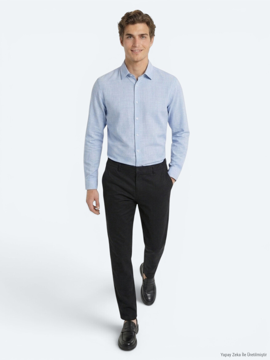 Siyah Düz Dokuma Jogging Fit Casual %100 Keten Pantolon - 4