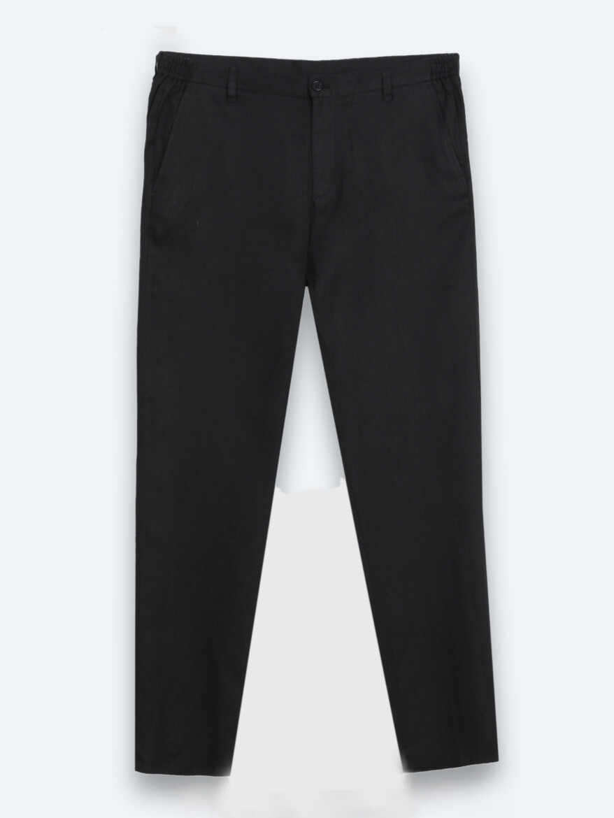 Siyah Düz Dokuma Jogging Fit Casual %100 Keten Pantolon - 6