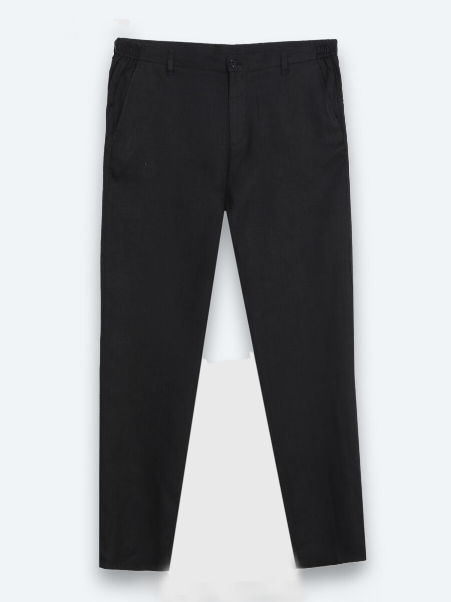 Siyah Düz Dokuma Jogging Fit Casual %100 Keten Pantolon - 6