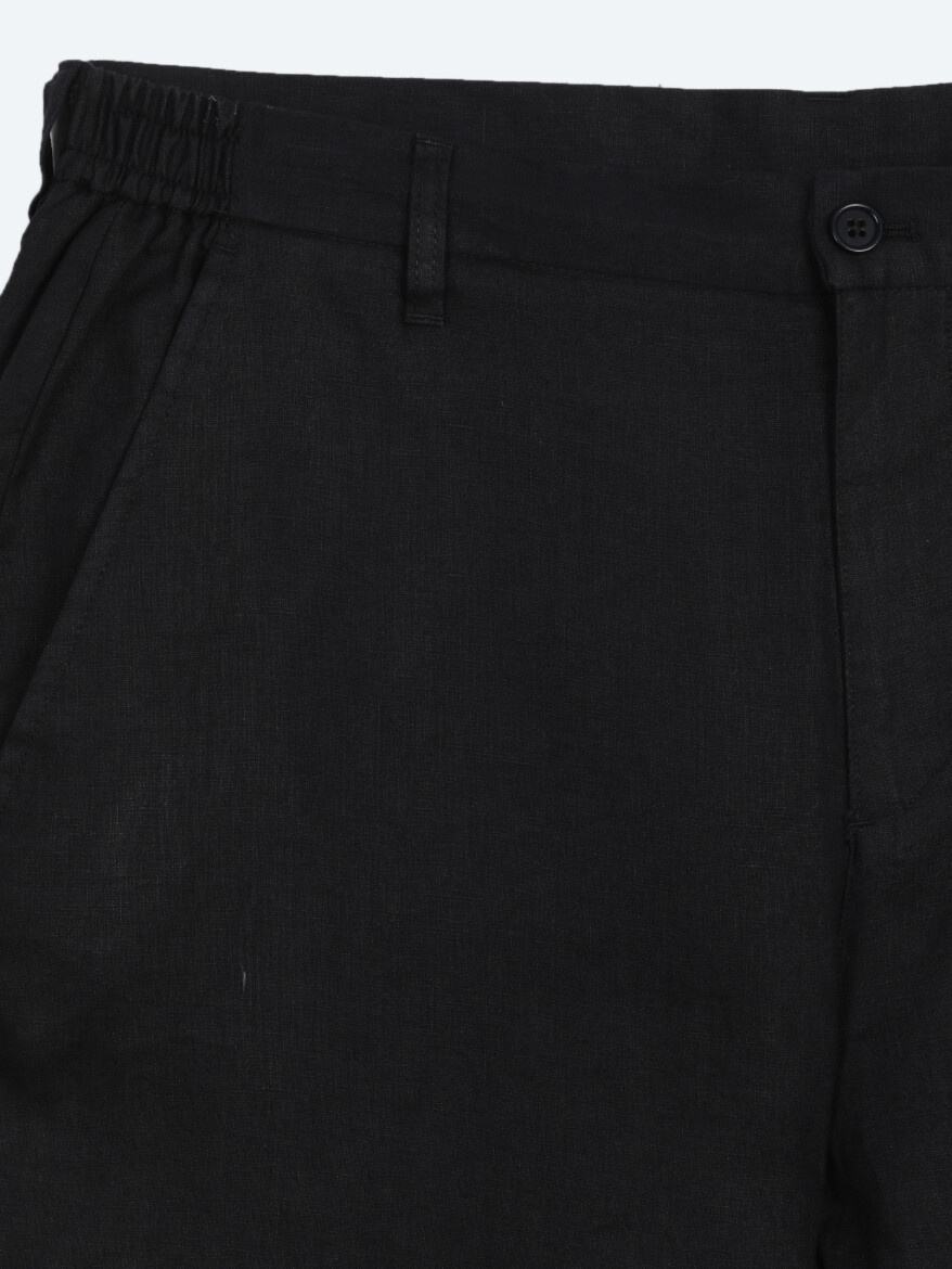 Siyah Düz Dokuma Jogging Fit Casual %100 Keten Pantolon - 7