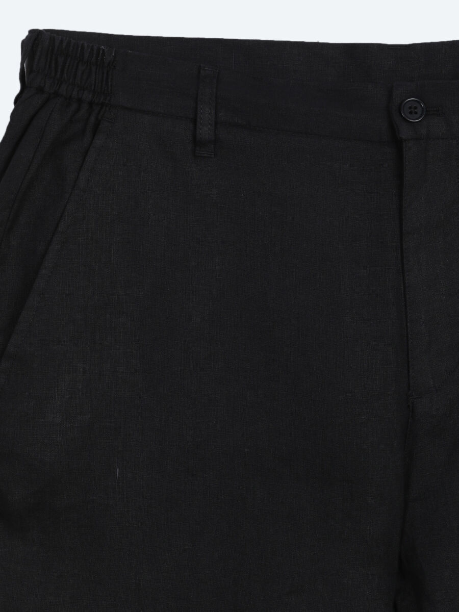 Siyah Düz Dokuma Jogging Fit Casual %100 Keten Pantolon - 7