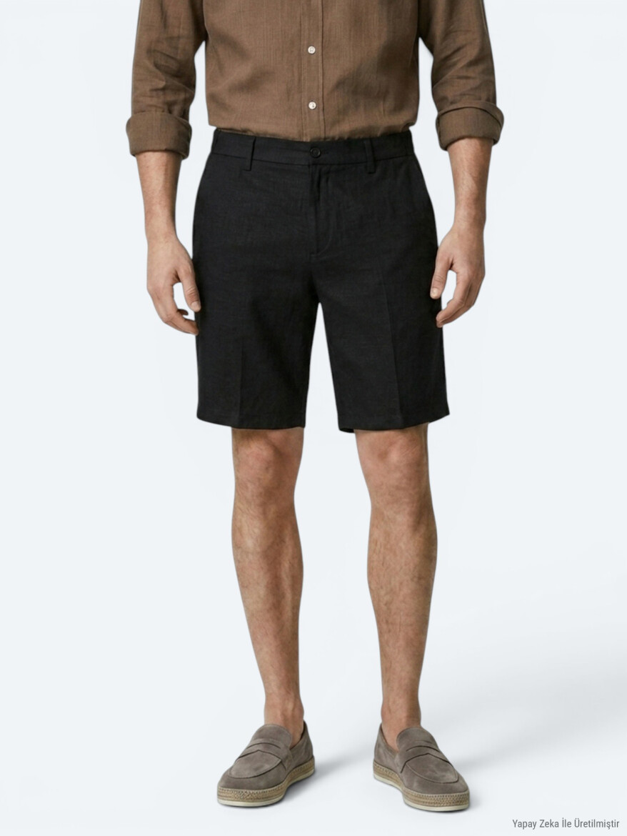Siyah Düz Dokuma Jogging Fit Casual Pamuk Karışımlı Bermuda - KİP