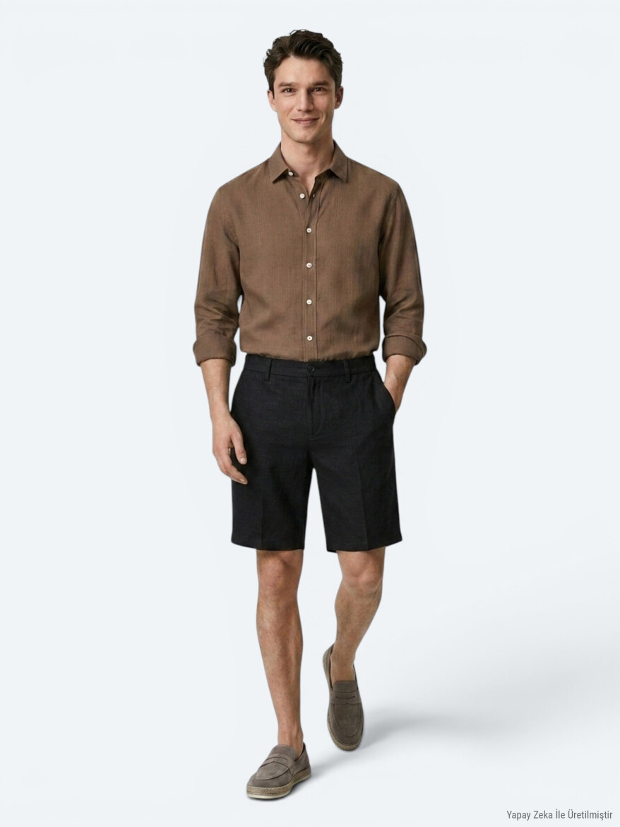 Siyah Düz Dokuma Jogging Fit Casual Pamuk Karışımlı Bermuda - 3