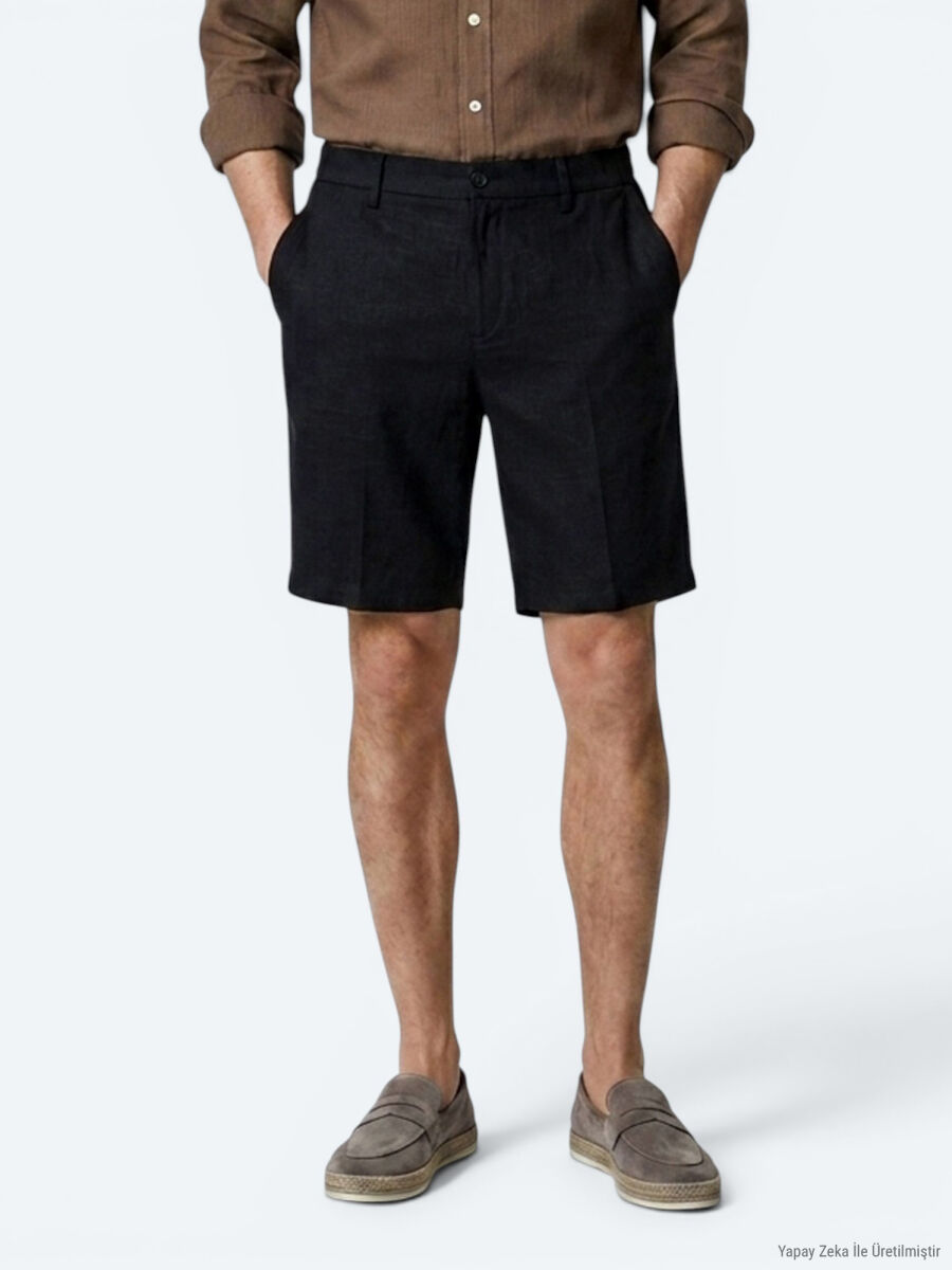 Siyah Düz Dokuma Jogging Fit Casual Pamuk Karışımlı Bermuda - 4