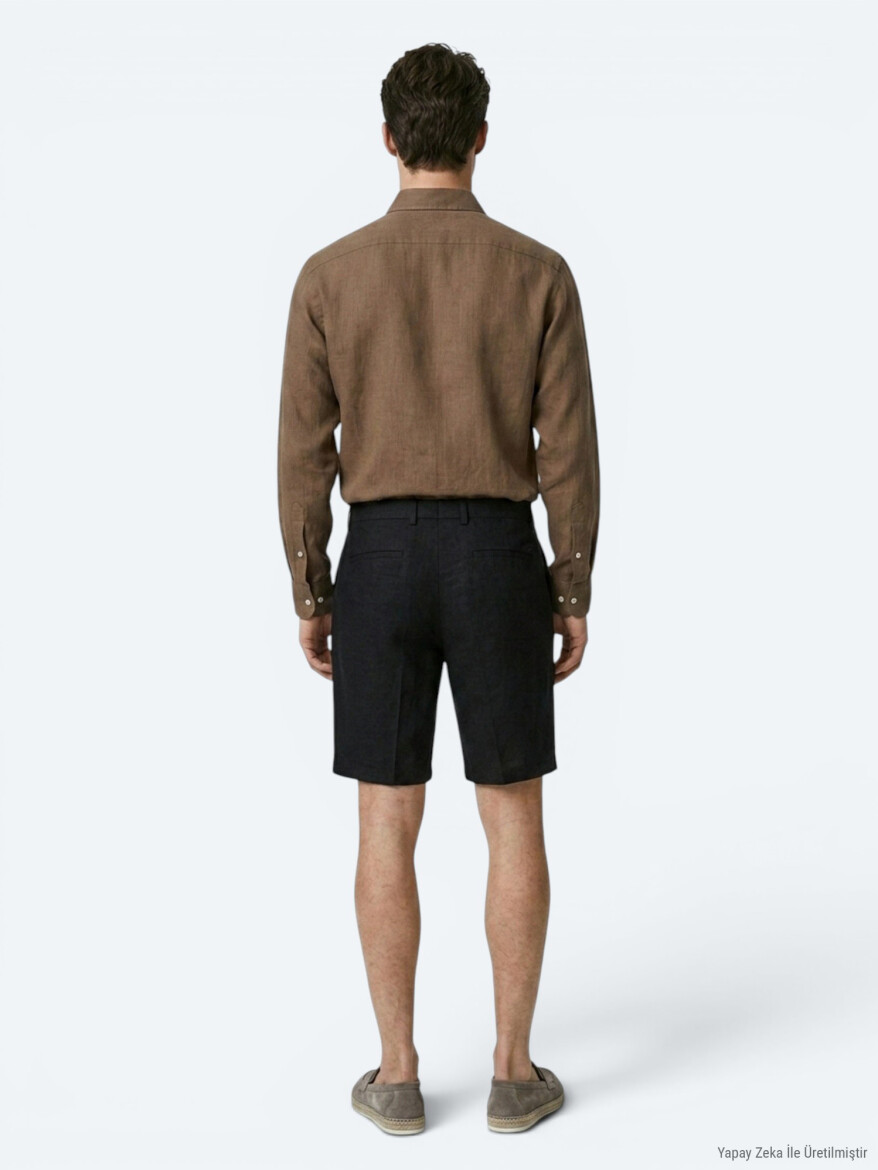 Siyah Düz Dokuma Jogging Fit Casual Pamuk Karışımlı Bermuda - 5