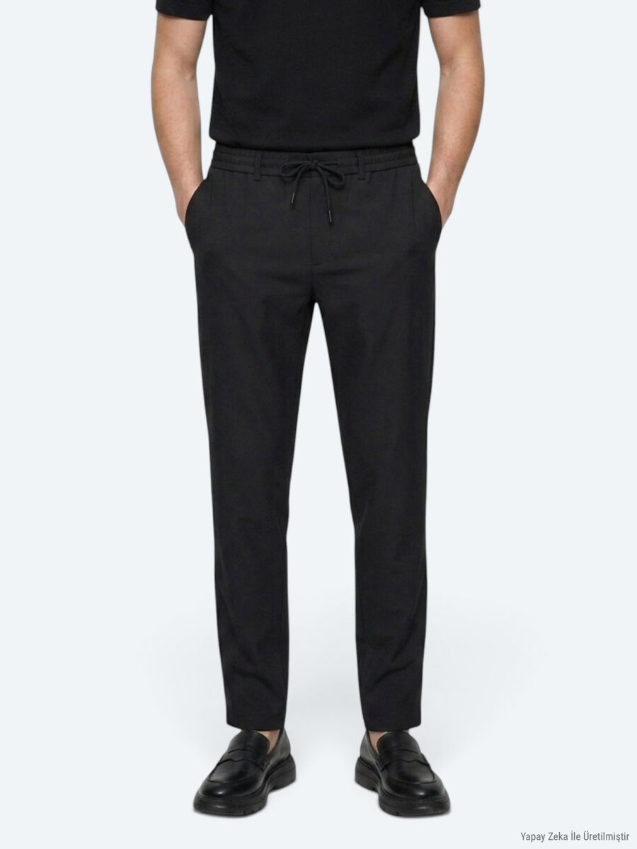 Siyah Düz Dokuma Jogging Fit Casual Pantolon - 2