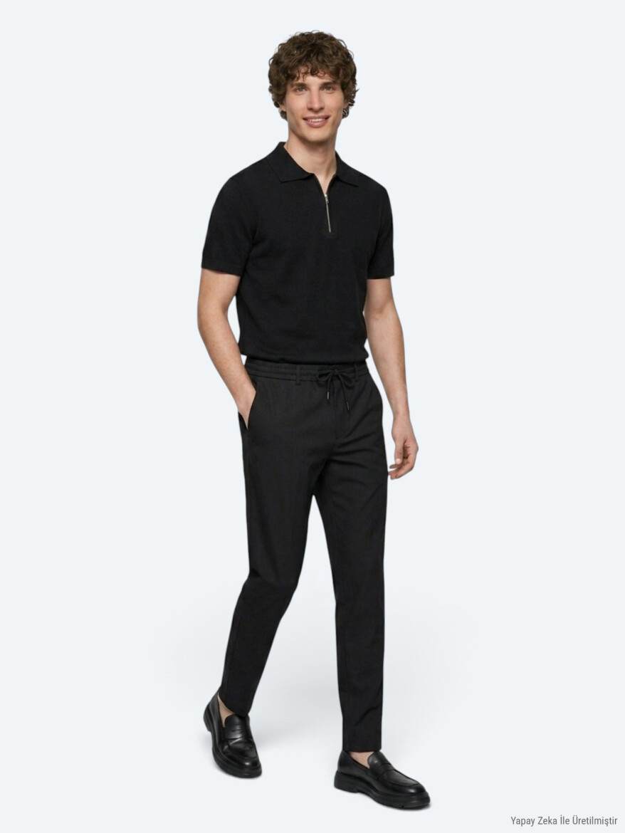 Siyah Düz Dokuma Jogging Fit Casual Pantolon - 3