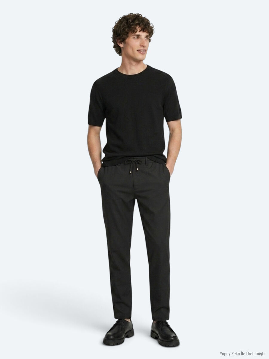 Siyah Düz Dokuma Jogging Fit Casual Pantolon - 1