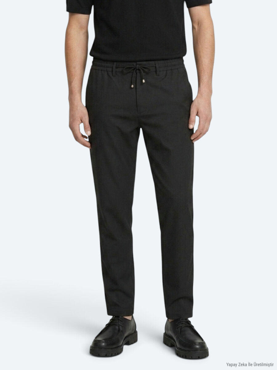 Siyah Düz Dokuma Jogging Fit Casual Pantolon - 2