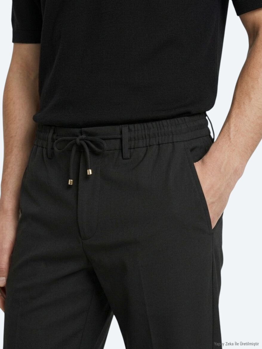 Siyah Düz Dokuma Jogging Fit Casual Pantolon - 3