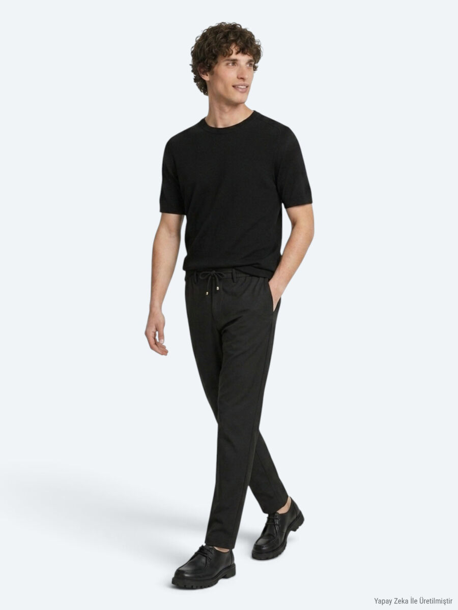 Siyah Düz Dokuma Jogging Fit Casual Pantolon - 4