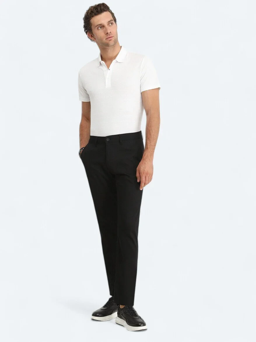 Siyah Düz Dokuma Regular Fit Casual Pamuk Karışımlı Pantolon - 1