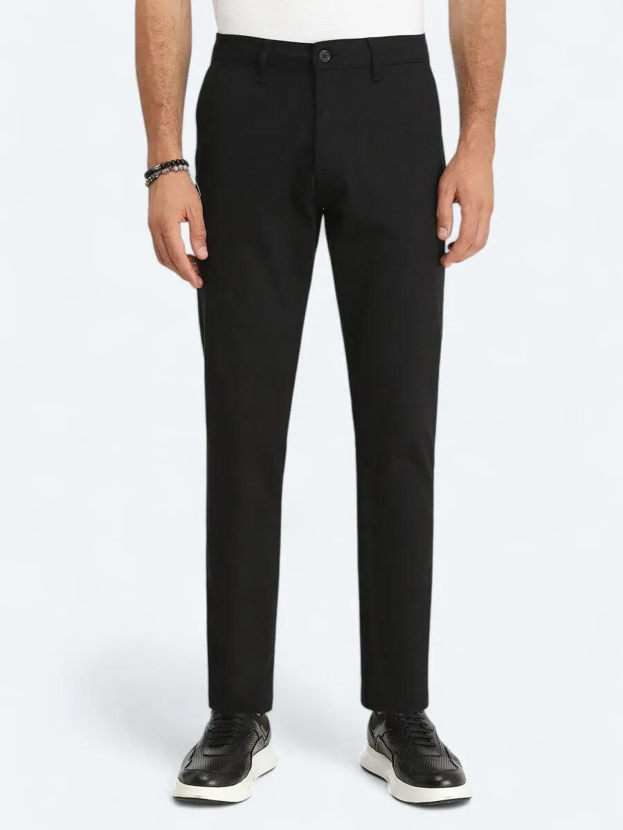 Siyah Düz Dokuma Regular Fit Casual Pamuk Karışımlı Pantolon - 2