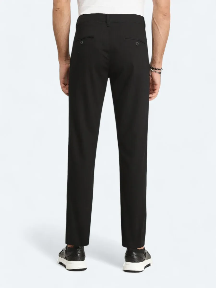 Siyah Düz Dokuma Regular Fit Casual Pamuk Karışımlı Pantolon - 4