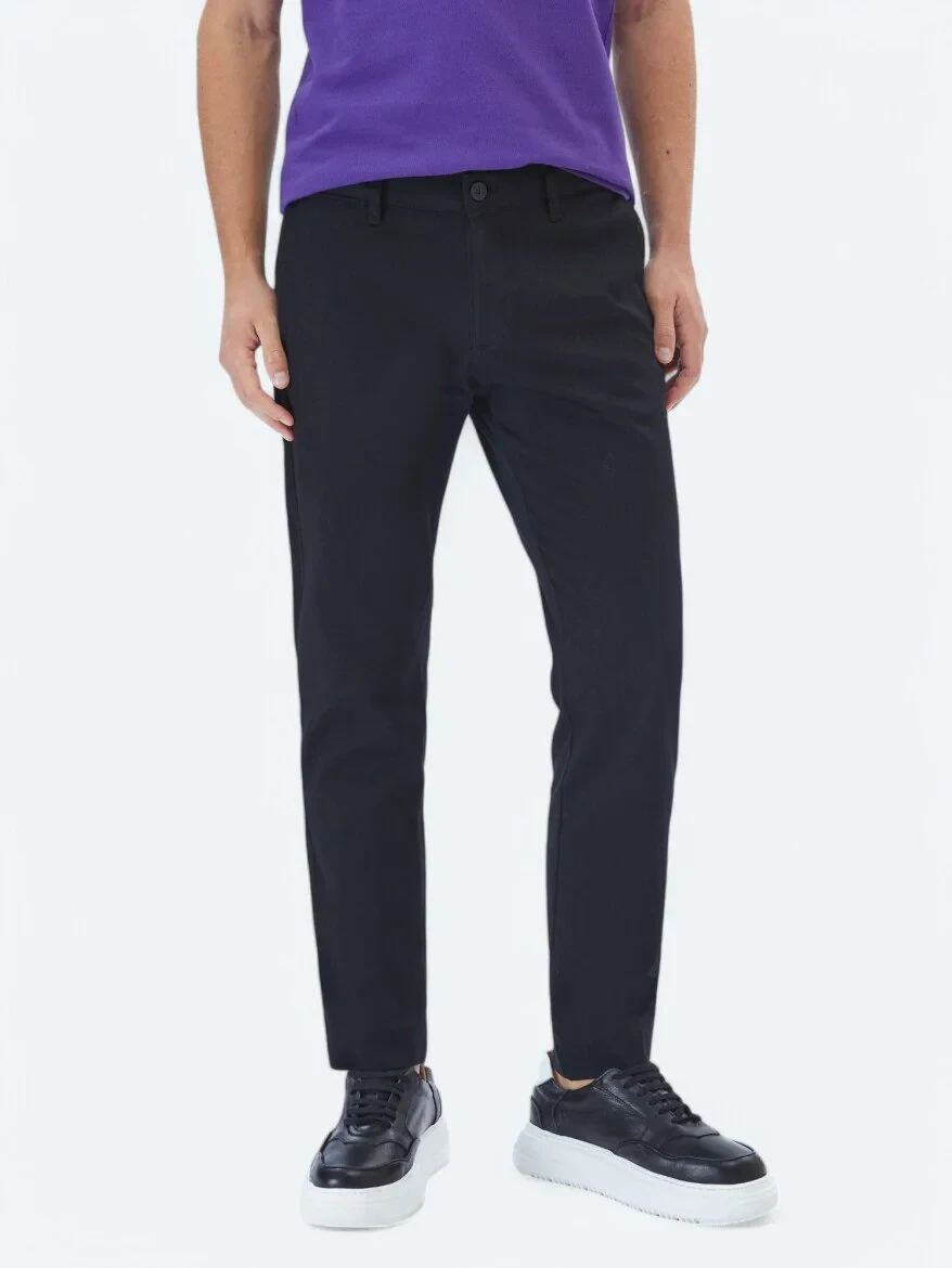 Siyah Düz Dokuma Regular Fit Casual Pamuk Karışımlı Pantolon - 2