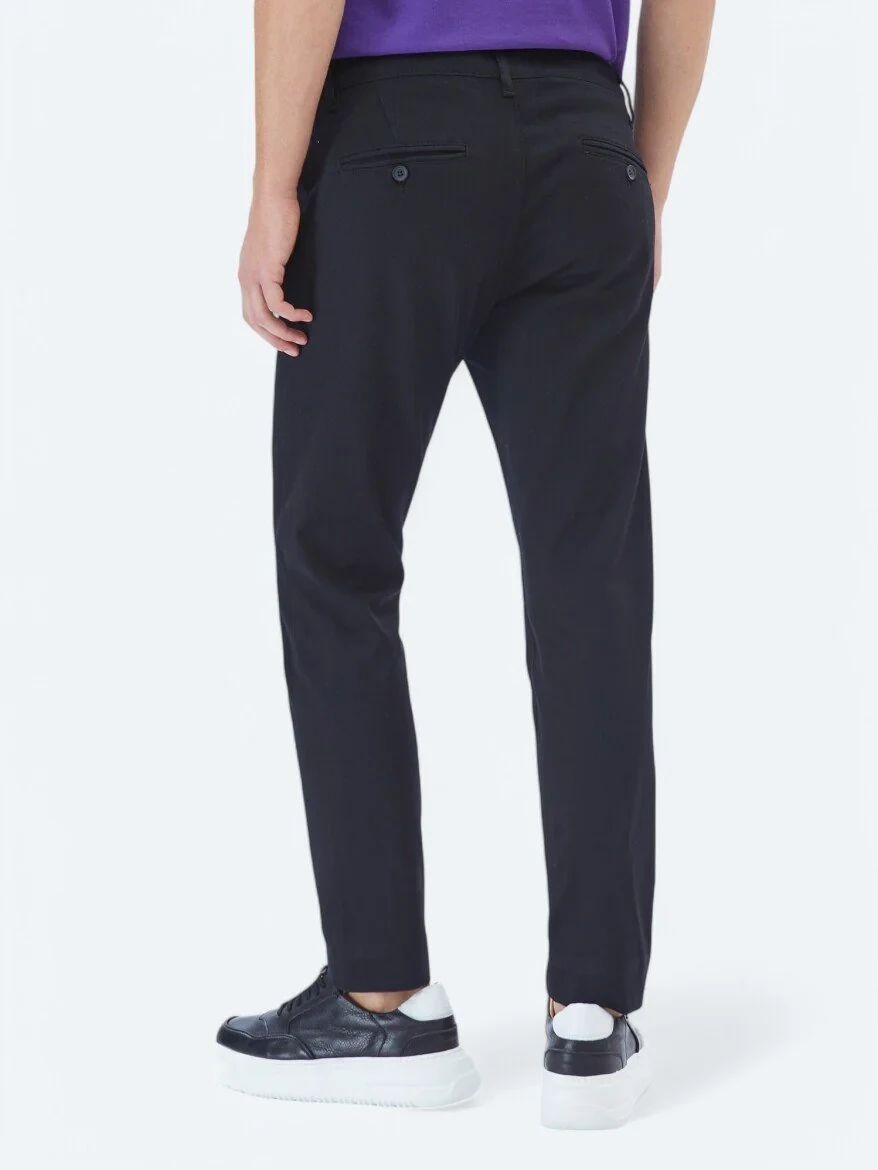 Siyah Düz Dokuma Regular Fit Casual Pamuk Karışımlı Pantolon 
