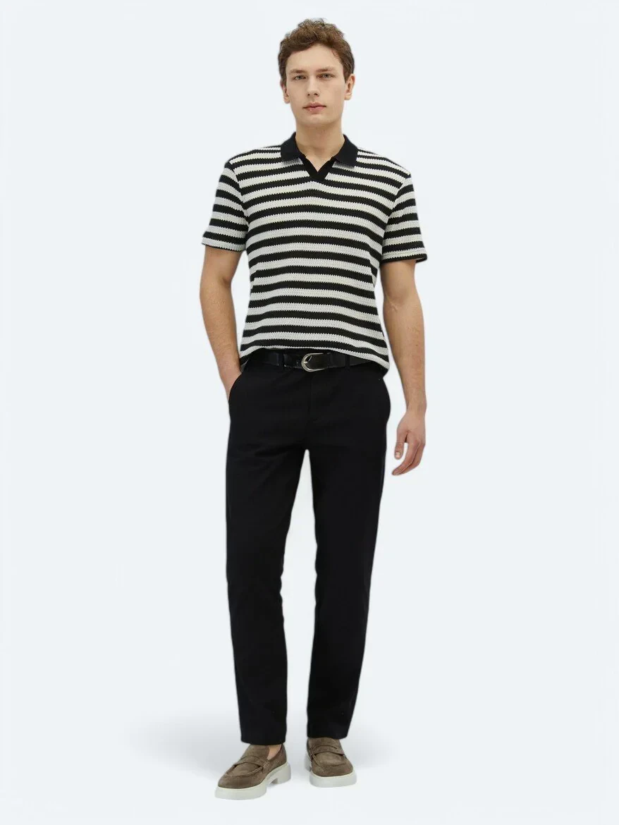 Siyah Düz Dokuma Regular Fit Casual Pamuk Karışımlı Pantolon - 1