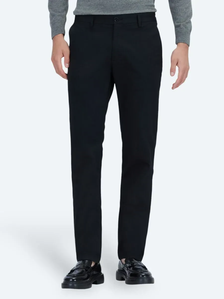 Siyah Düz Dokuma Regular Fit Casual Pamuk Karışımlı Pantolon - 2