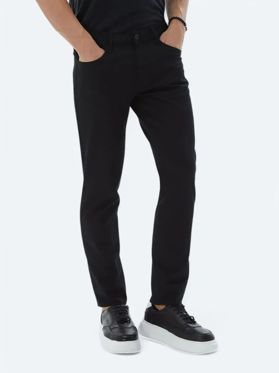 Siyah Düz Dokuma Slim Fit Casual Pamuk Karışımlı Pantolon - 1