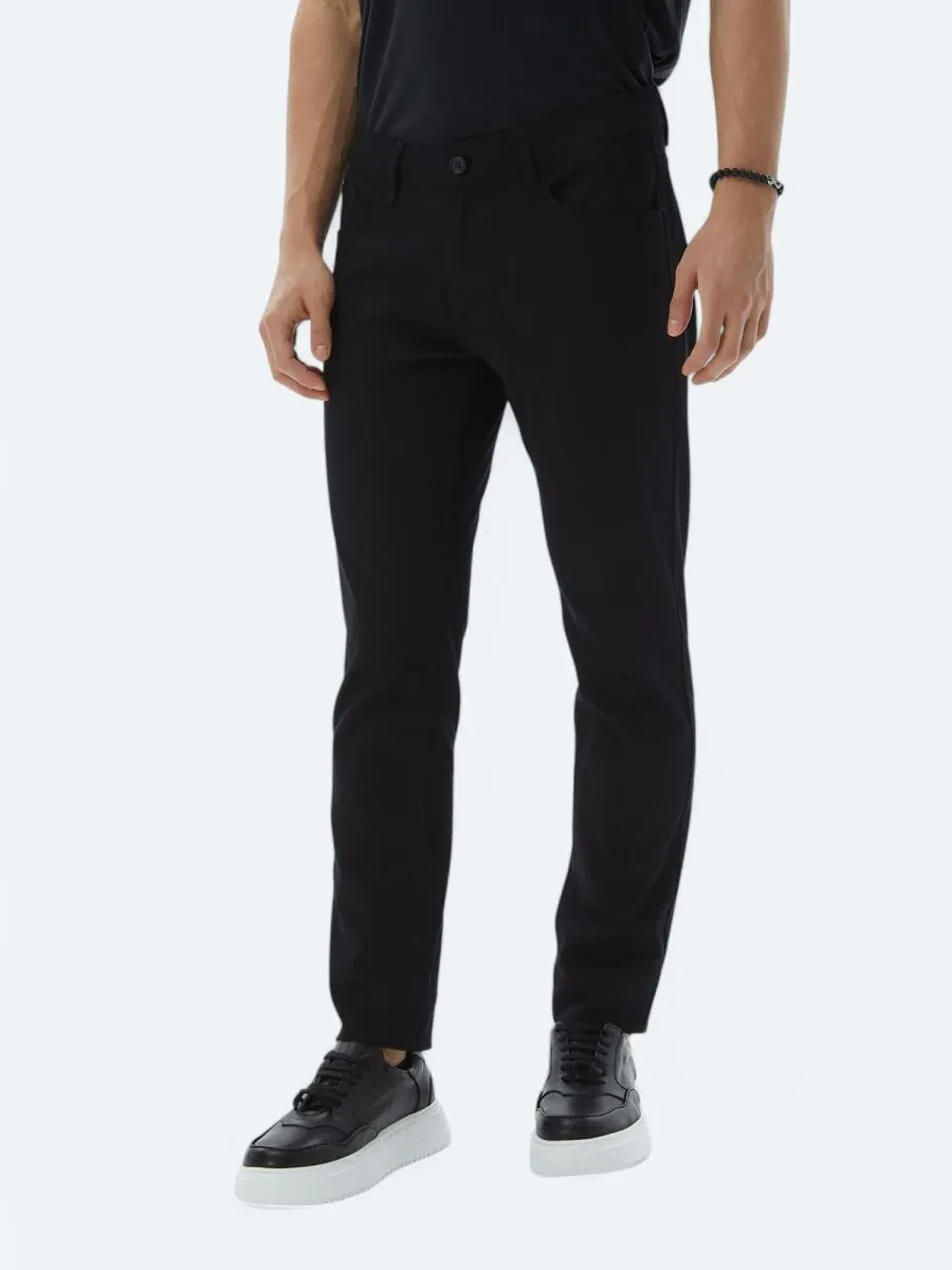 Siyah Düz Dokuma Slim Fit Casual Pamuk Karışımlı Pantolon - 2