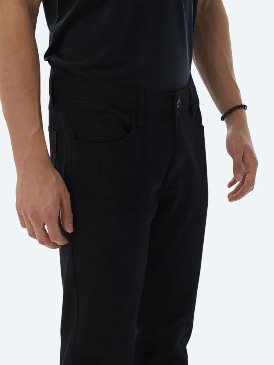 Siyah Düz Dokuma Slim Fit Casual Pamuk Karışımlı Pantolon - 4