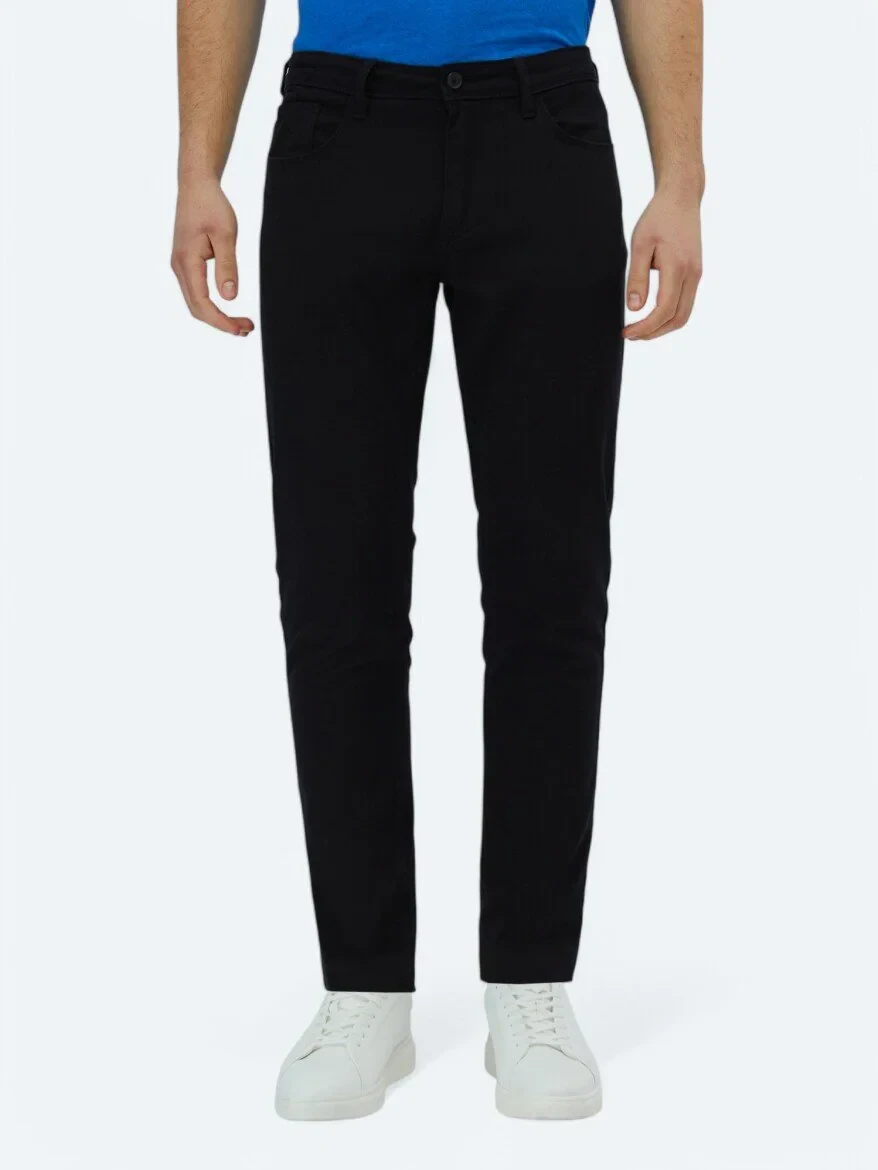 Siyah Düz Dokuma Slim Fit Casual Pamuk Karışımlı Pantolon - 2