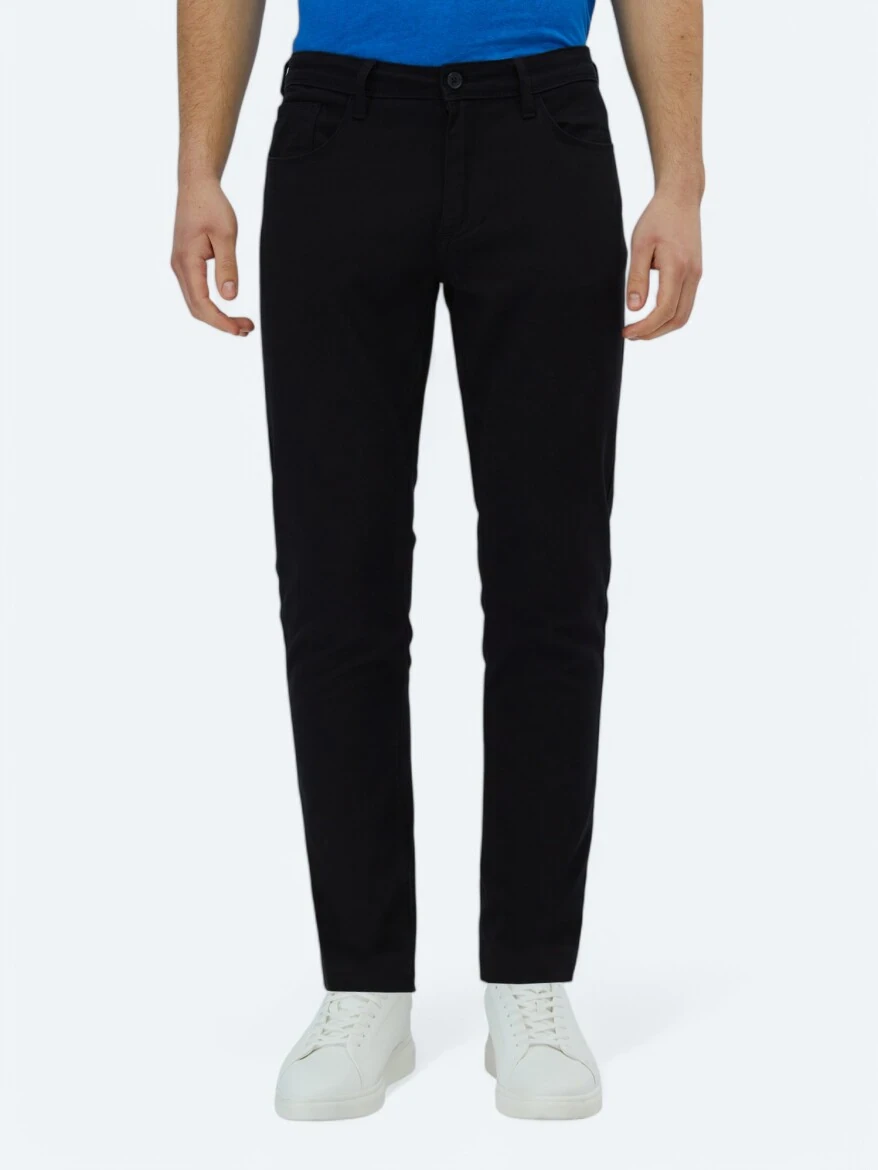 Siyah Düz Dokuma Slim Fit Casual Pamuk Karışımlı Pantolon - 2