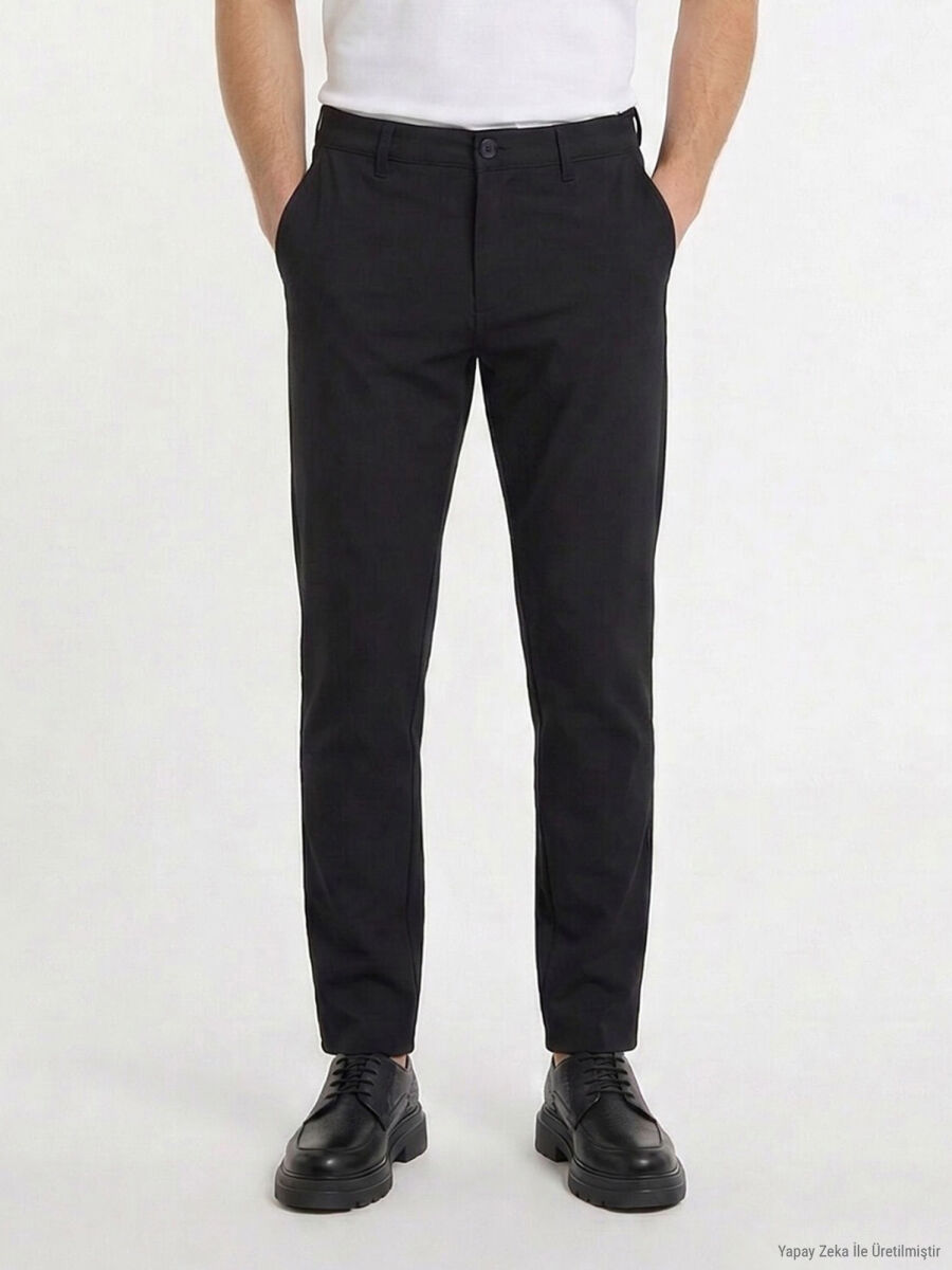 Siyah Düz Dokuma Slim Fit Casual Pantolon - 3