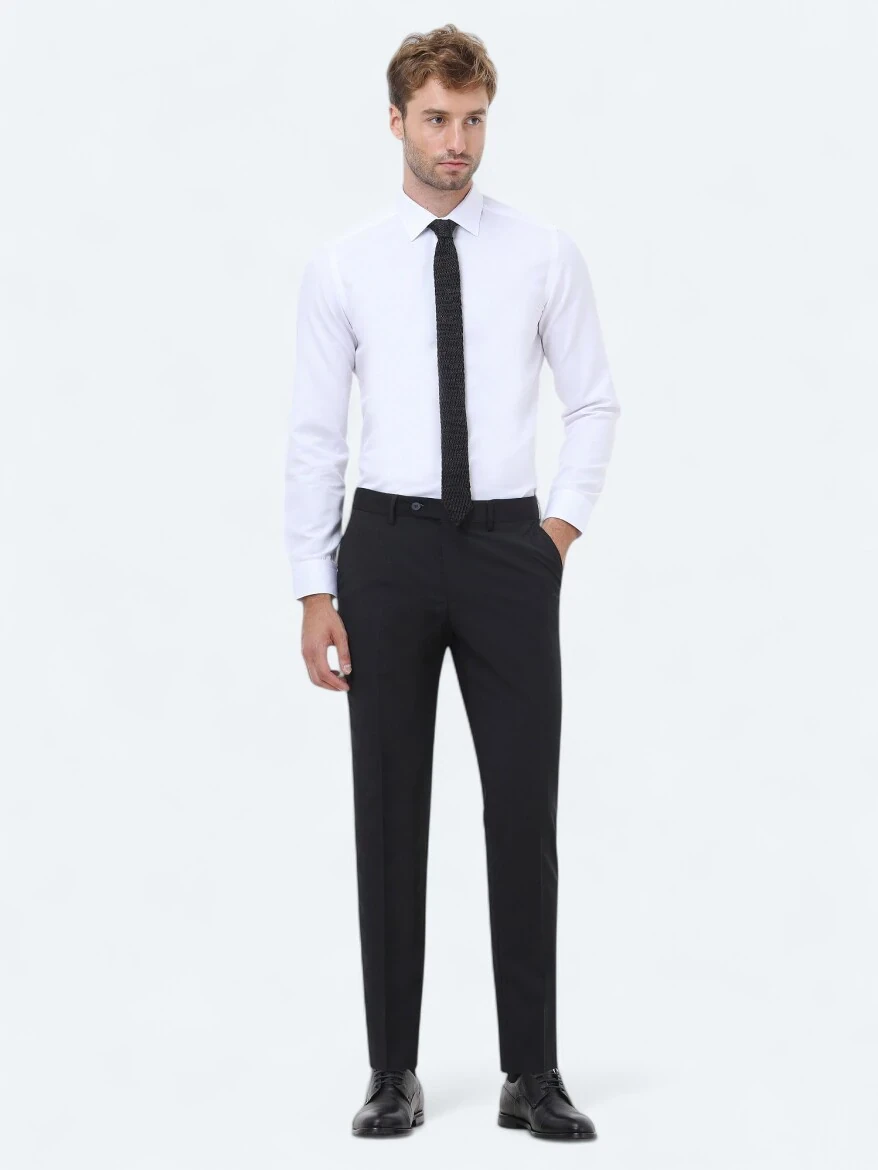 Siyah Düz Dokuma Slim Fit Klasik Yün Karışımlı Pantolon - 1