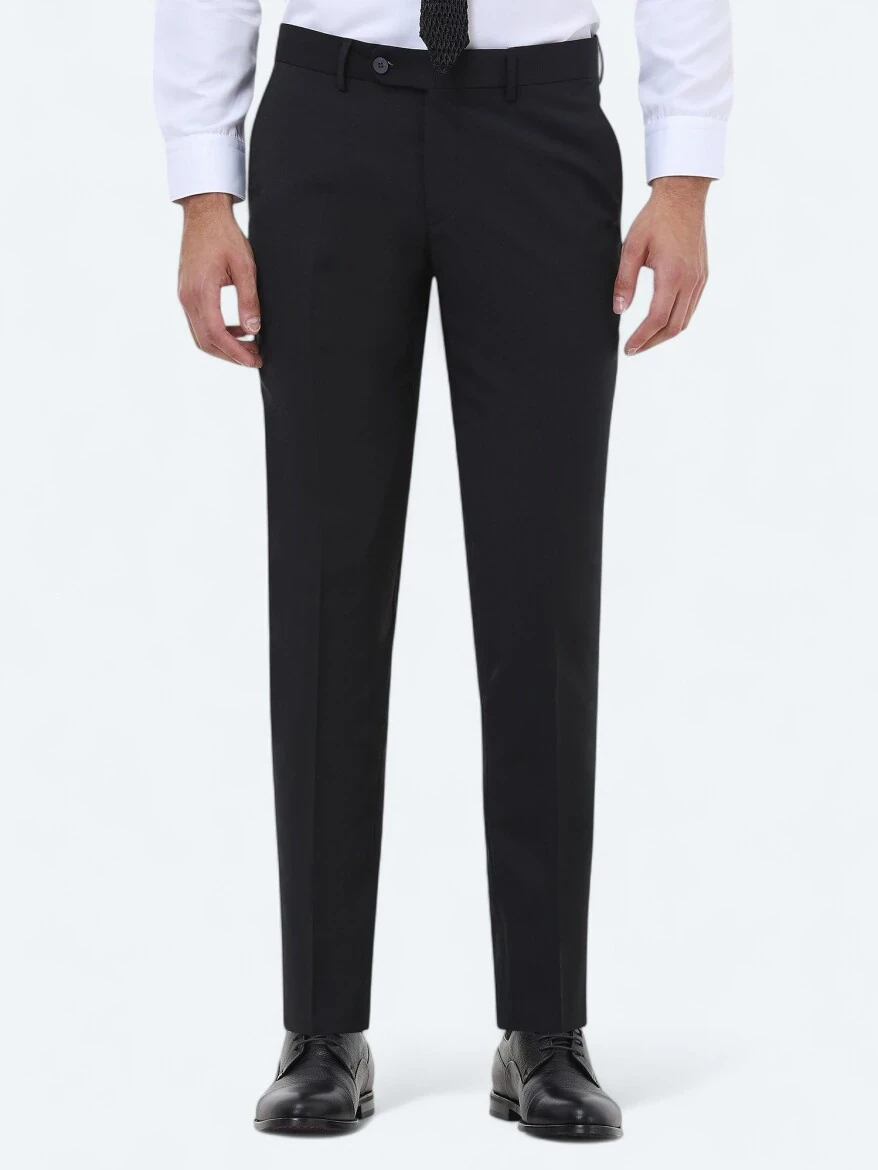 Siyah Düz Dokuma Slim Fit Klasik Yün Karışımlı Pantolon - 2