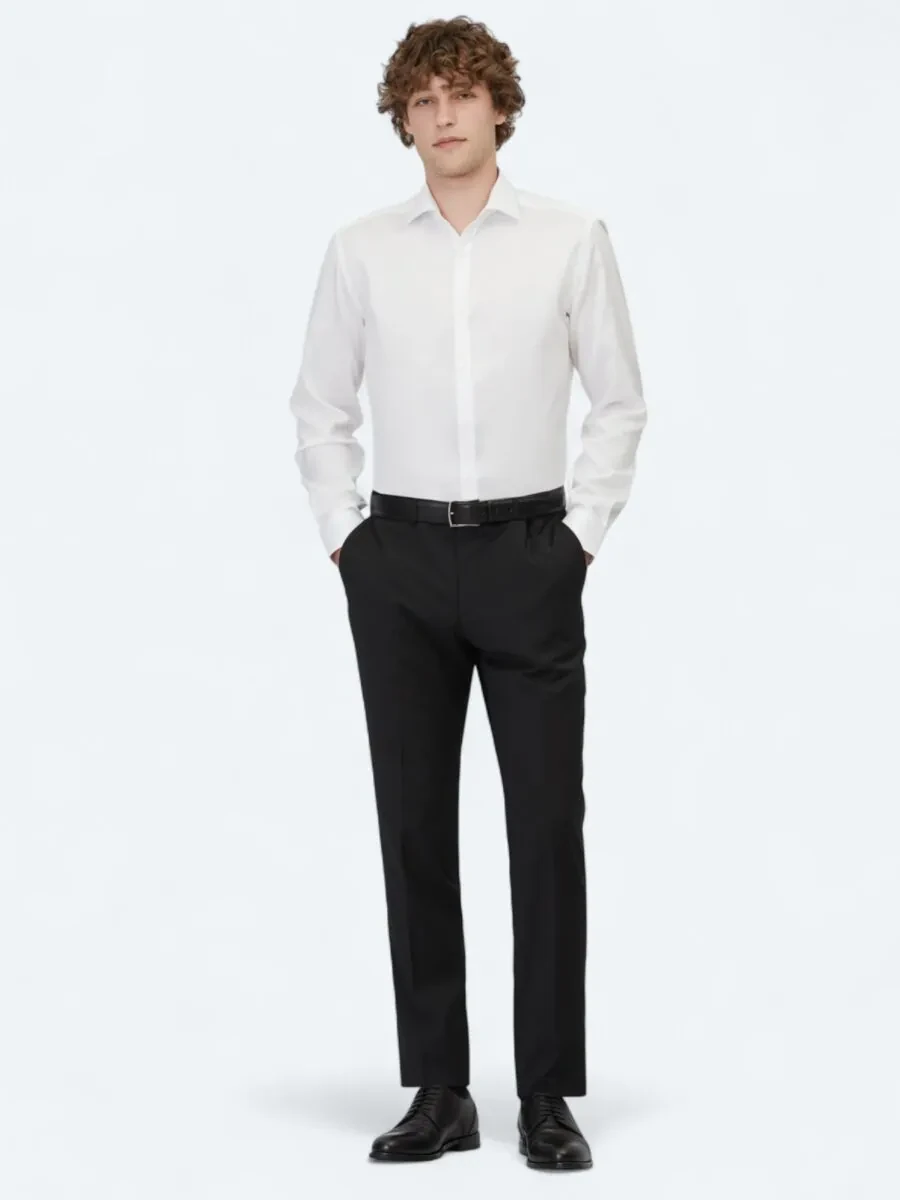 Siyah Düz Dokuma Slim Fit Klasik Yün Karışımlı Pantolon - 1