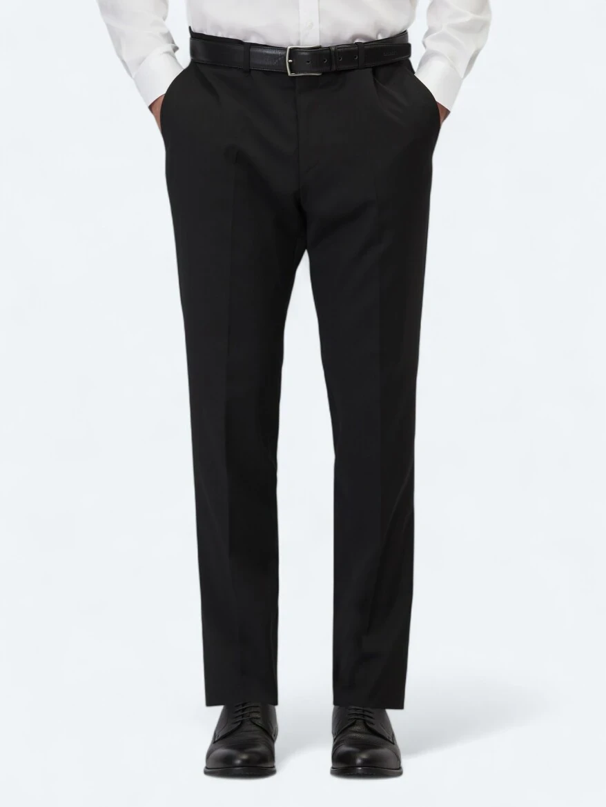 Siyah Düz Dokuma Slim Fit Klasik Yün Karışımlı Pantolon - 2