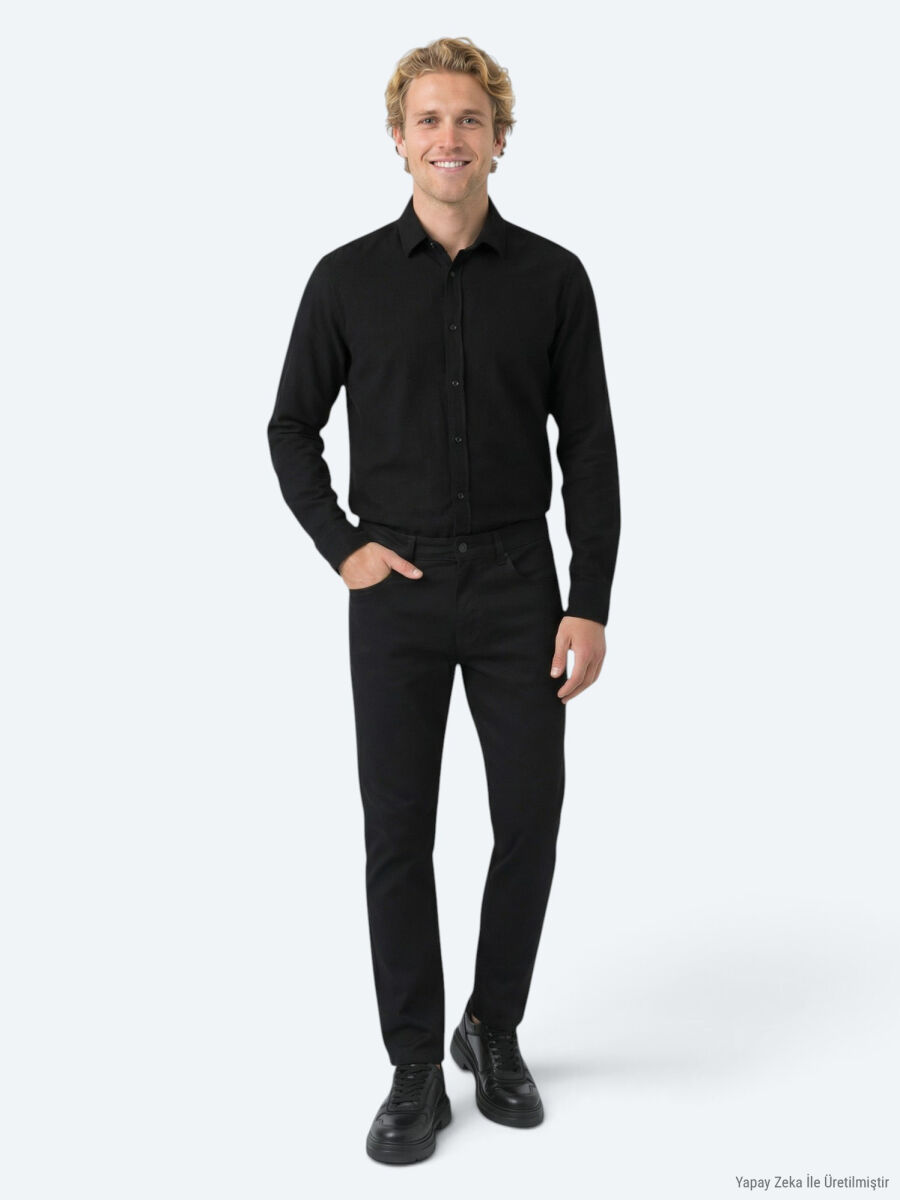 Siyah Düz Dokuma Slim Fit Spor Pamuk Karışımlı Pantolon - 1