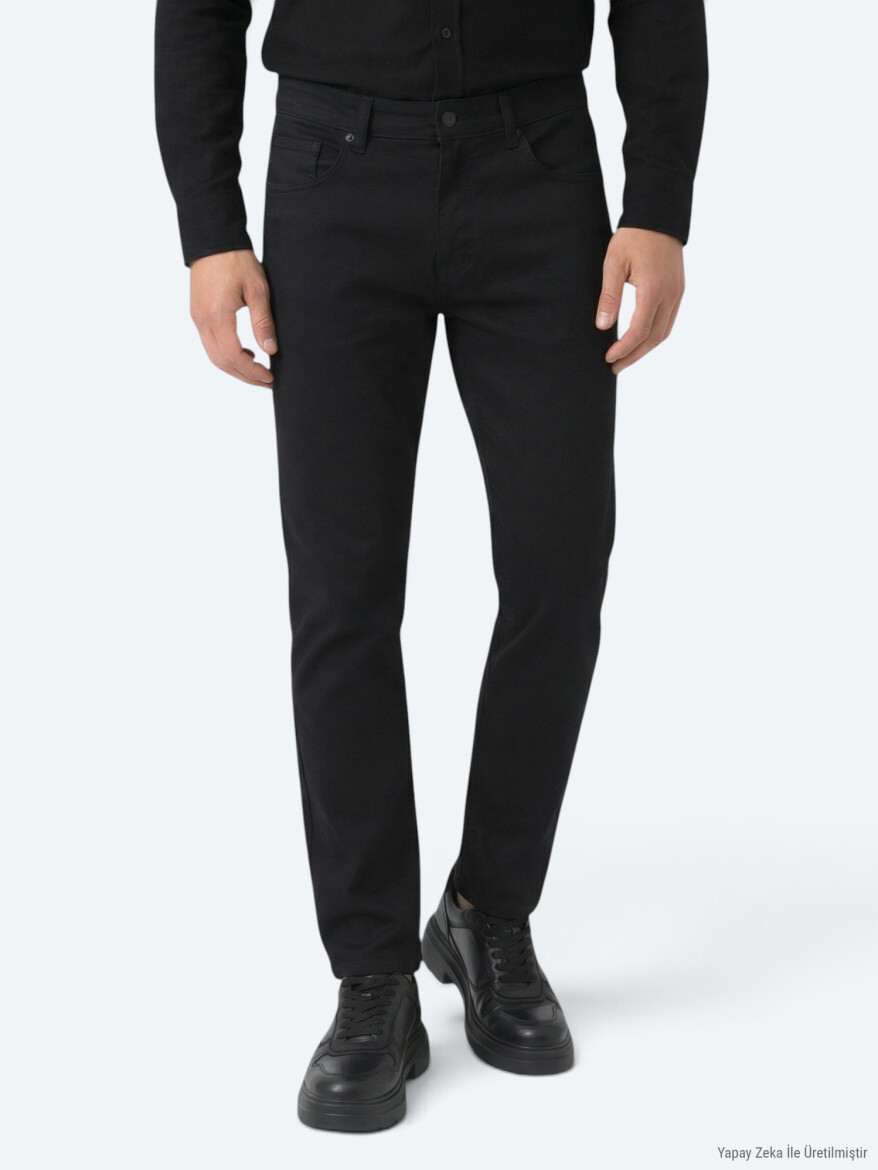 Siyah Düz Dokuma Slim Fit Spor Pamuk Karışımlı Pantolon - KİP